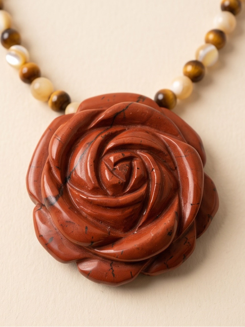 Red Jasper Rose Pendant Necklace with Tiger's Eye and Mother of Pearl Beads 18”